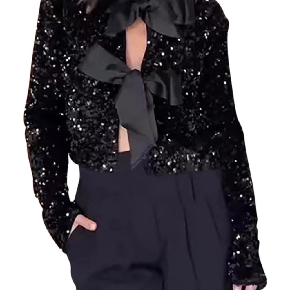 Black Sequin Jacket with Bow Detail